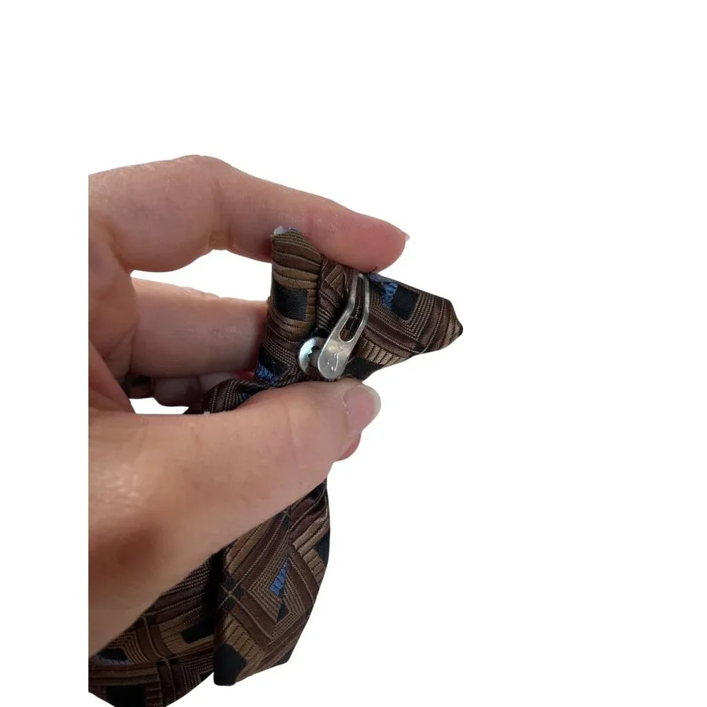 Vintage 80s Infant Toddler Clip-On Tie With Brown & Blue Geometric Pattern